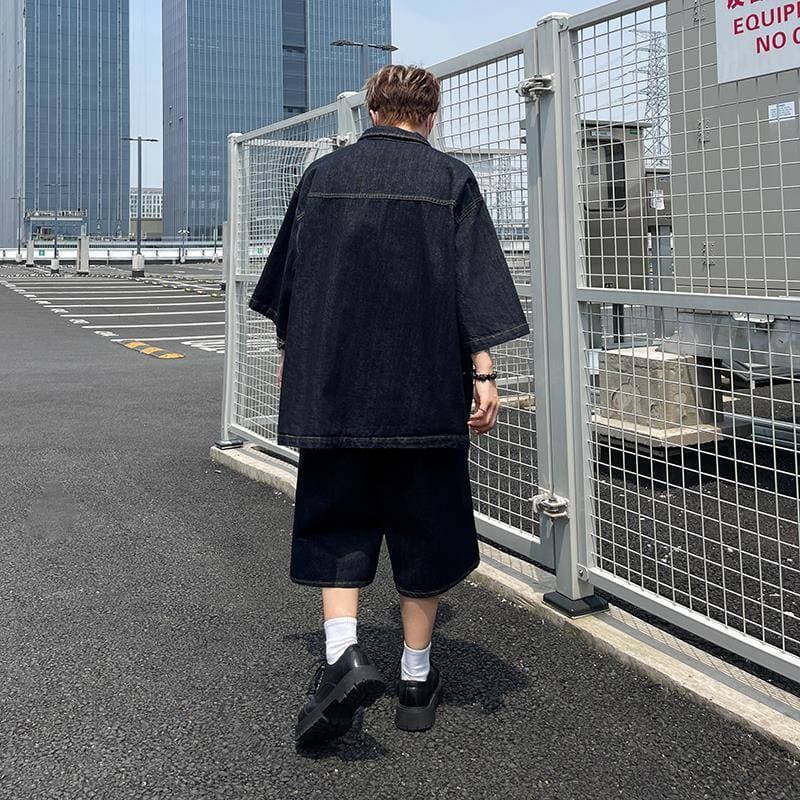 ダークデニムセットアップ オーバーサイズ七分袖シャツ×ワイドハーフパンツ メンズ向け リラックス2点セット