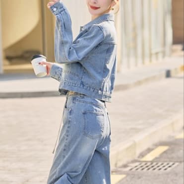 デニムセットアップ ラインストーンデザインショートジャケット＆ストレートワイドパンツ 上品華やか2点セット