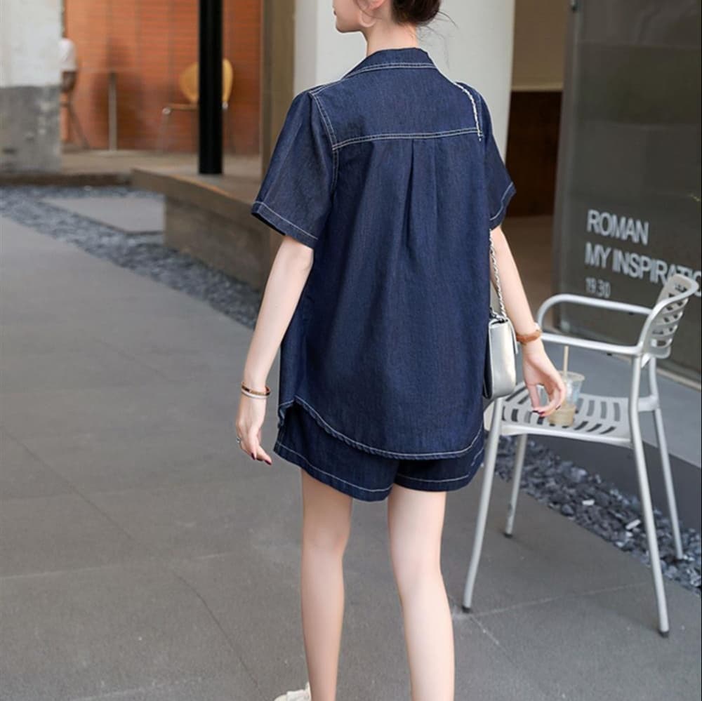 デニムセットアップ 半袖デニムシャツとワイドショートパンツの夏向けカジュアル2点セット