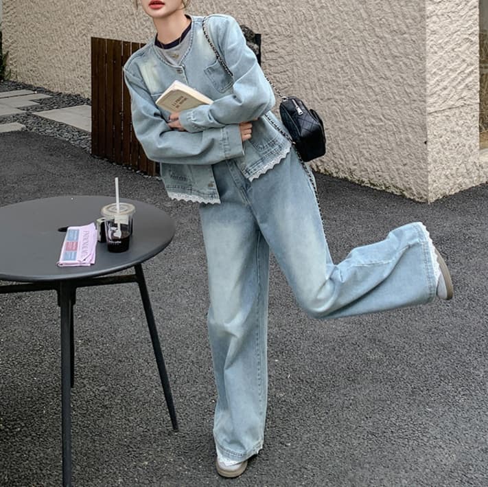 デニムセットアップ レース装飾ノーカラージャケット・ワイドパンツ 小柄さん向け ゆる可愛い レトロフェミニンツーピースセット