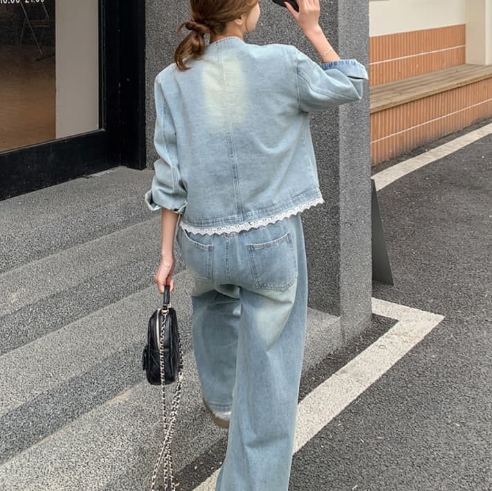 デニムセットアップ レース装飾ノーカラージャケット・ワイドパンツ 小柄さん向け ゆる可愛い レトロフェミニンツーピースセット