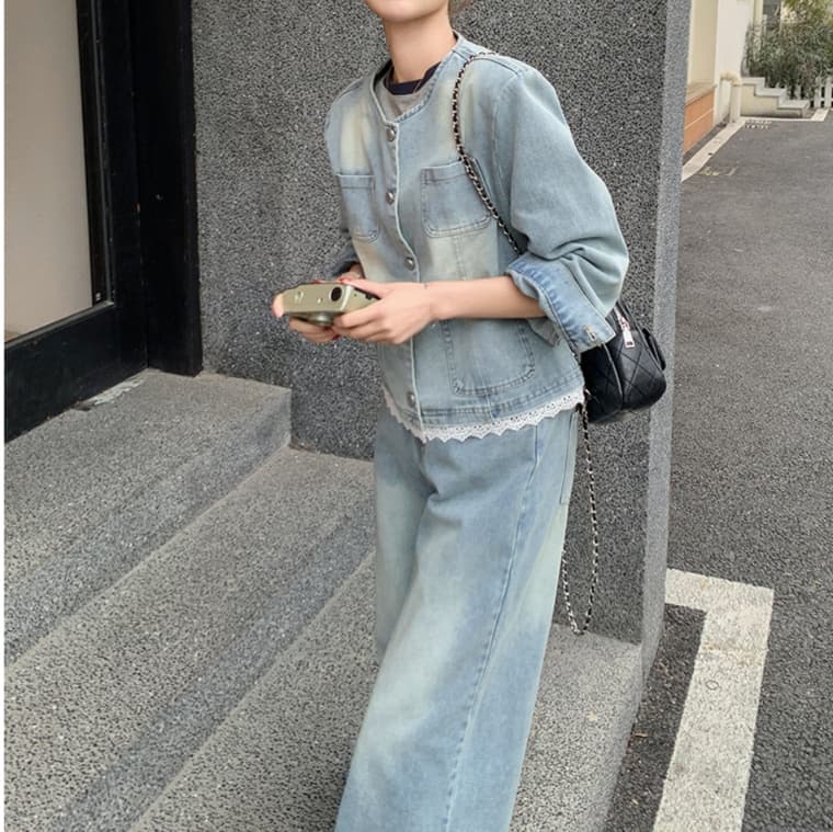 デニムセットアップ レース装飾ノーカラージャケット・ワイドパンツ 小柄さん向け ゆる可愛い レトロフェミニンツーピースセット