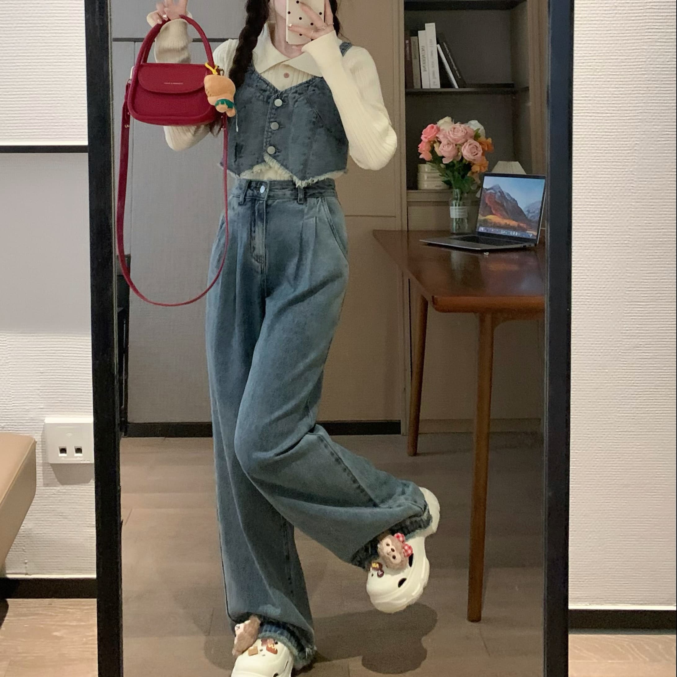 デニムセットアップ 肩紐付きフリンジビスチェ＆ワイドストレートパンツ レトロモダンなフェミカジ2点セット