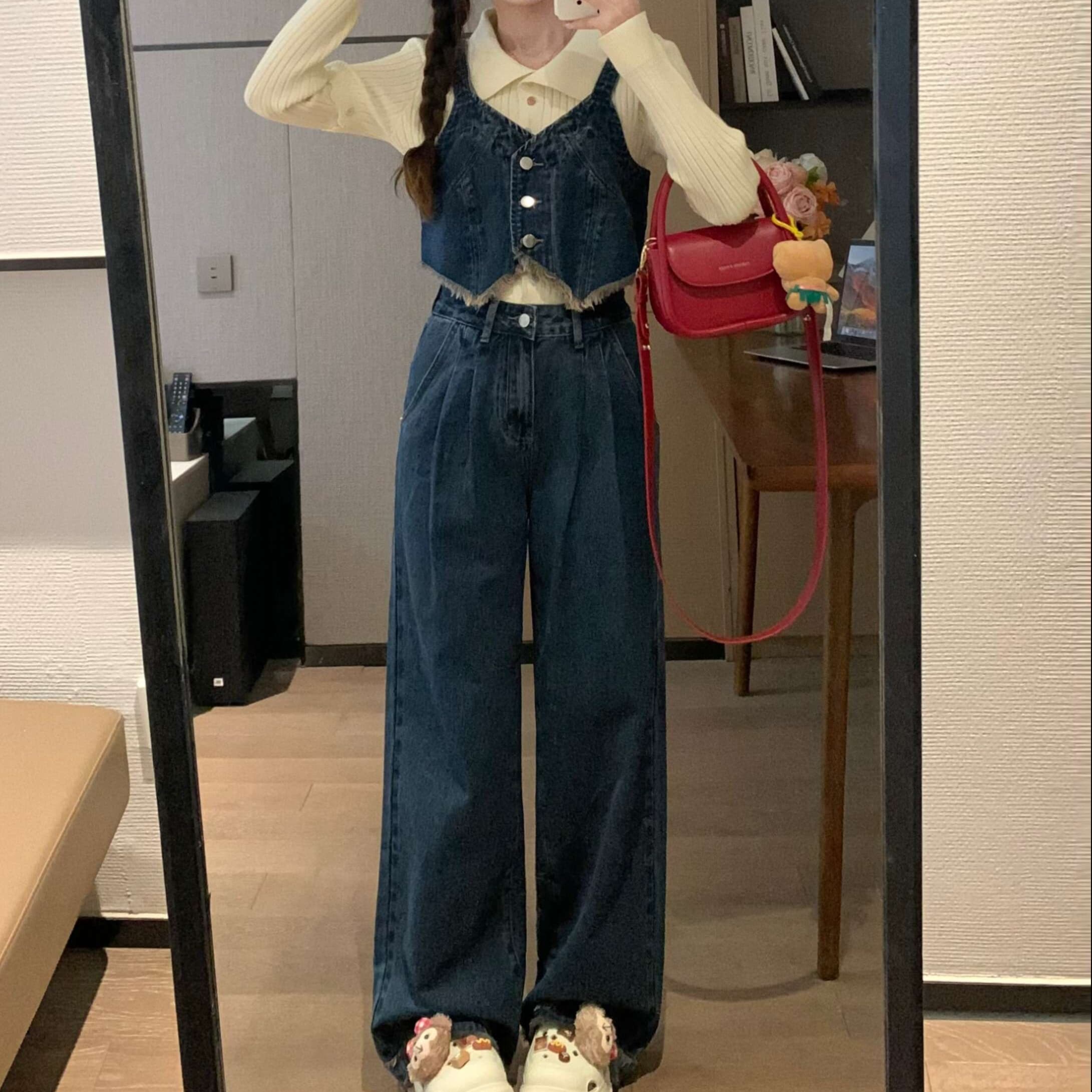 デニムセットアップ 肩紐付きフリンジビスチェ＆ワイドストレートパンツ レトロモダンなフェミカジ2点セット