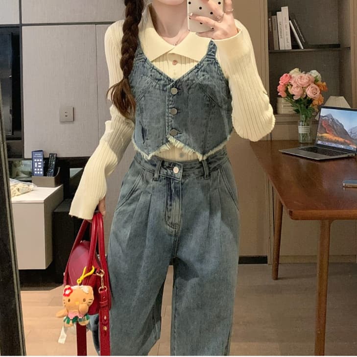 デニムセットアップ 肩紐付きフリンジビスチェ＆ワイドストレートパンツ レトロモダンなフェミカジ2点セット