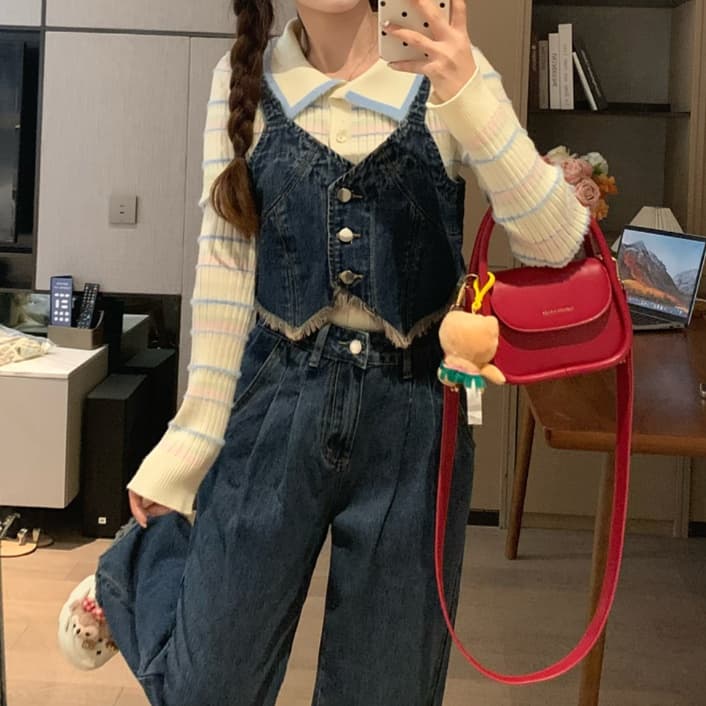 デニムセットアップ 肩紐付きフリンジビスチェ＆ワイドストレートパンツ レトロモダンなフェミカジ2点セット