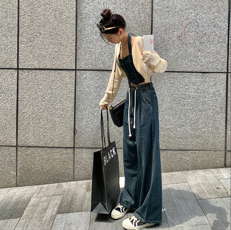 カーディガン・ボタンデザインデニムビスチェ・ワイドストレートパンツ 大人フェミニンセットアップ（3点別売り）