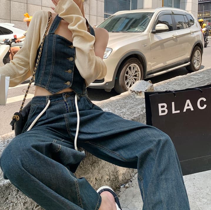 カーディガン・ボタンデザインデニムビスチェ・ワイドストレートパンツ 大人フェミニンセットアップ（3点別売り）