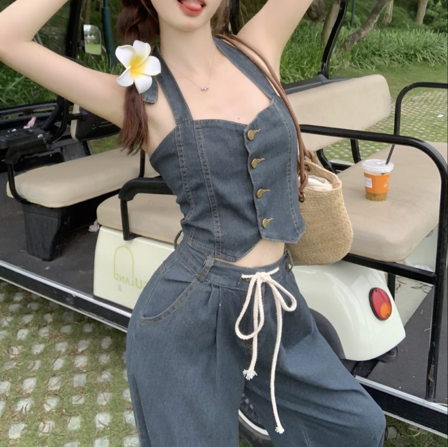 デニムセットアップ フロントボタンビスチェトップス・ゆったりワイドパンツ きれいめレトロカジュアル上下セット