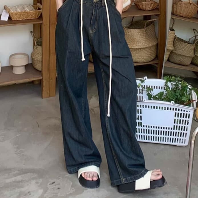 ホルターネックデニムビスチェ×ワイドデニムパンツ 夏向け 韓国風レトロカジュアルセットアップ