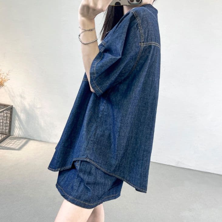 デニムセットアップ ゆったり半袖シャツ＋スカート風ショートパンツ 春夏向け細見えリラックスセット