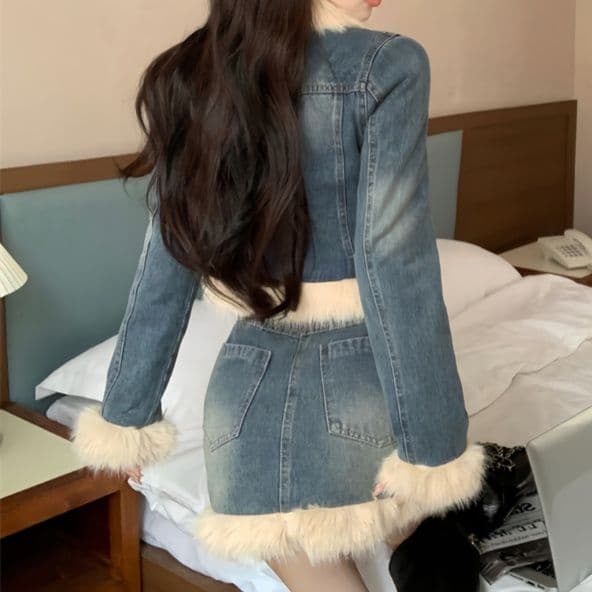 デニムセットアップ ファー装飾ショートジャケット＆タイトミニスカート ふわもこ×デニムの大人可愛い2点セット
