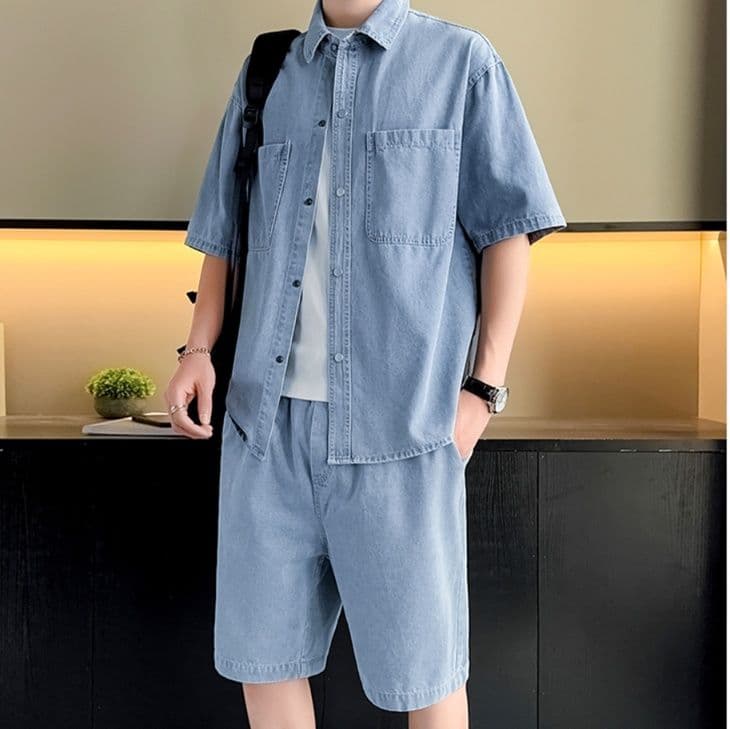 デニムセットアップ ゆったり半袖シャツ＋ハーフパンツ メンズ向け 夏のシンプルカジュアル2点セット
