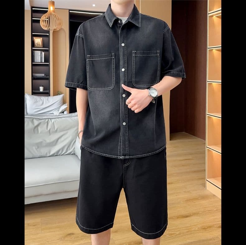 デニムセットアップ ゆったり半袖シャツ＋ハーフパンツ メンズ向け 夏のシンプルカジュアル2点セット