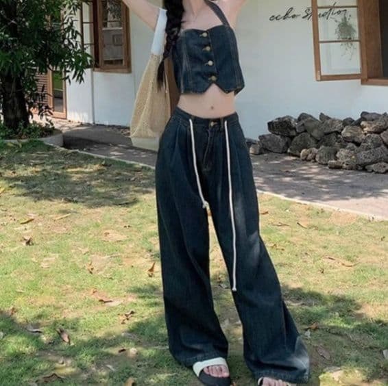 ホルターネックデニムビスチェ×ワイドデニムパンツ 夏向け 韓国風レトロカジュアルセットアップ