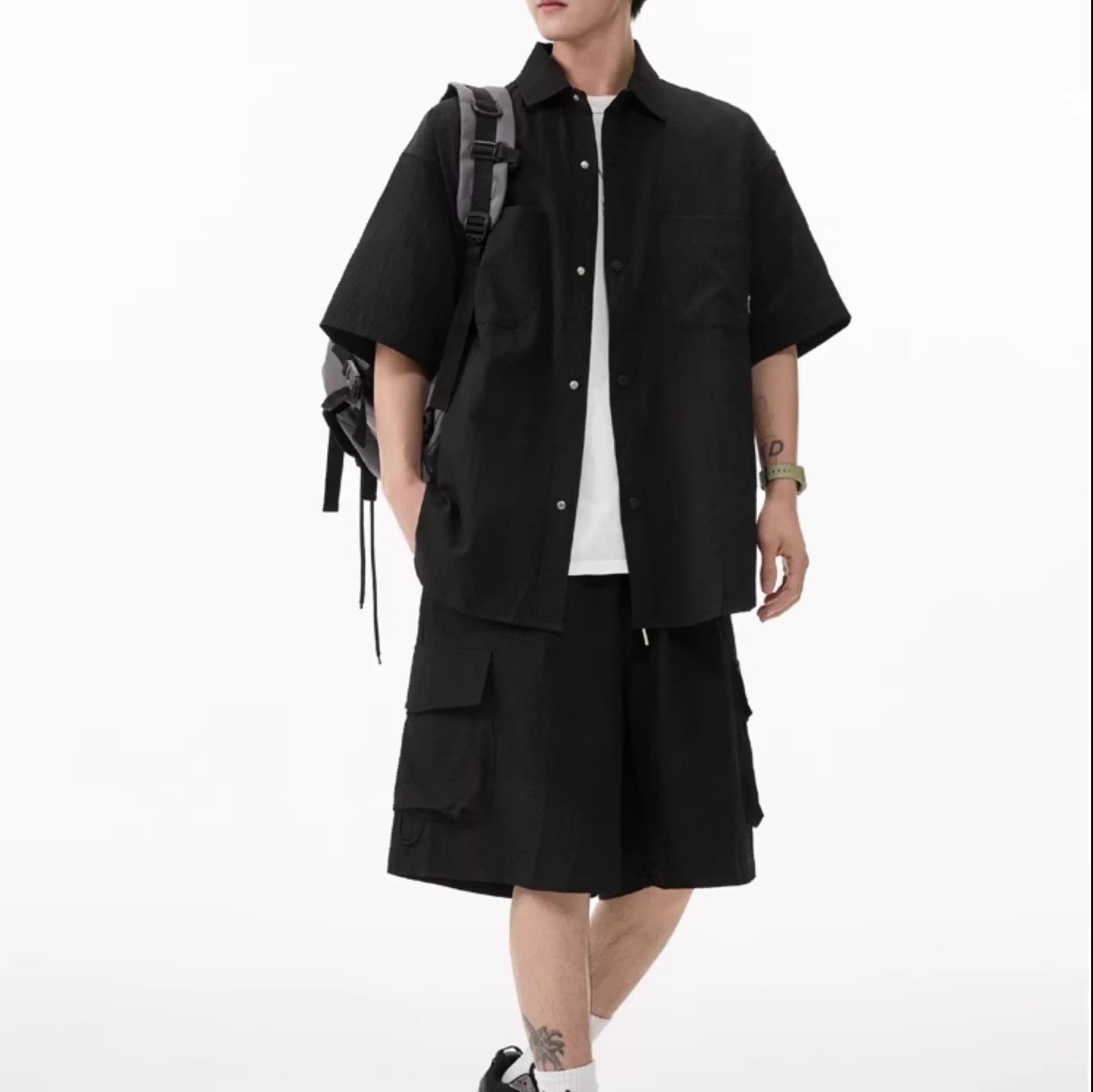 デニムセットアップ 半袖シャツ＆カーゴポケットハーフパンツ 3色展開 夏向けメンズ2点セット