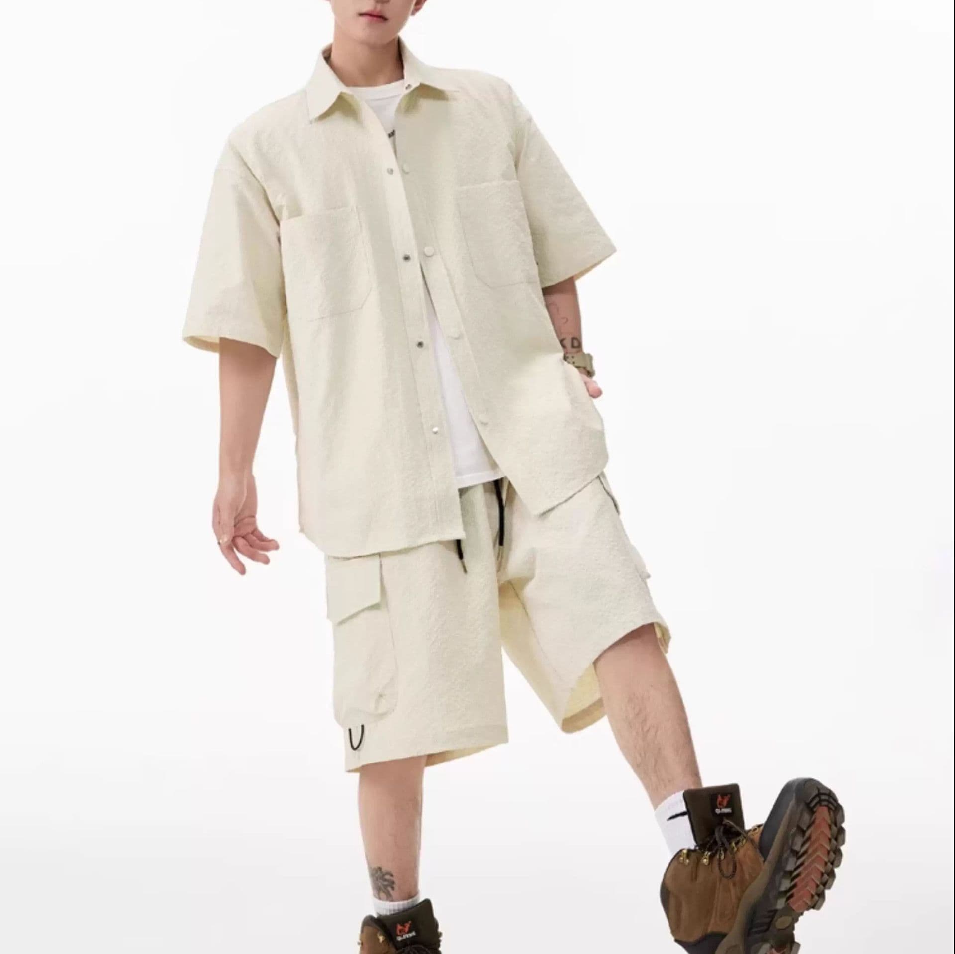 デニムセットアップ 半袖シャツ＆カーゴポケットハーフパンツ 3色展開 夏向けメンズ2点セット