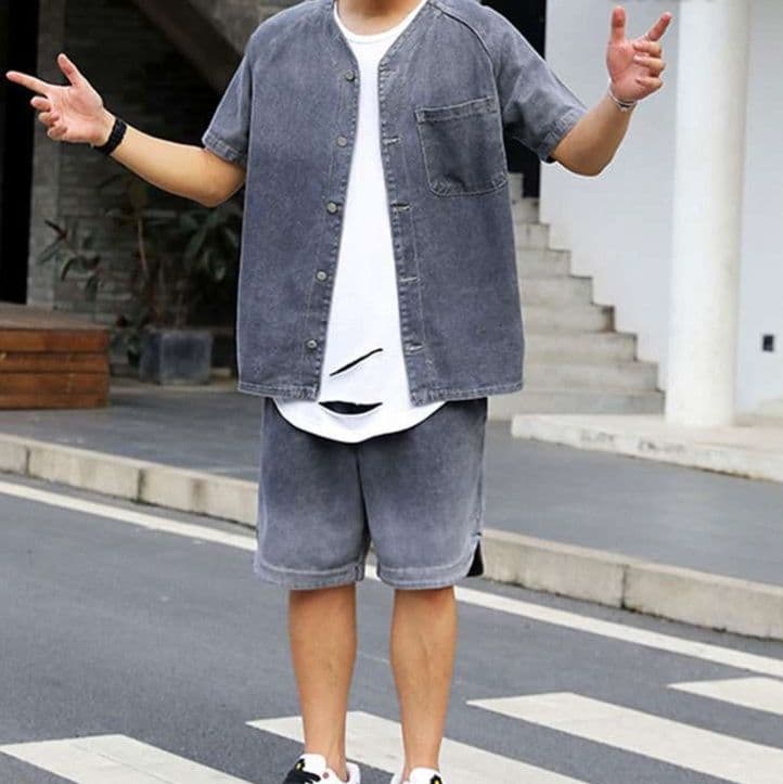 デニムセットアップ 半袖シャツジャケット×ハーフパンツ メンズ夏向け ヴィンテージ風2点セット