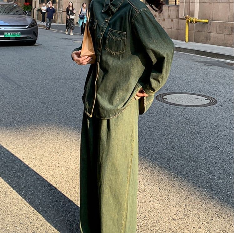 デニムセットアップ ゆったりシャツジャケット×ワイドパンツ 大人可愛いレトロ風2点セット