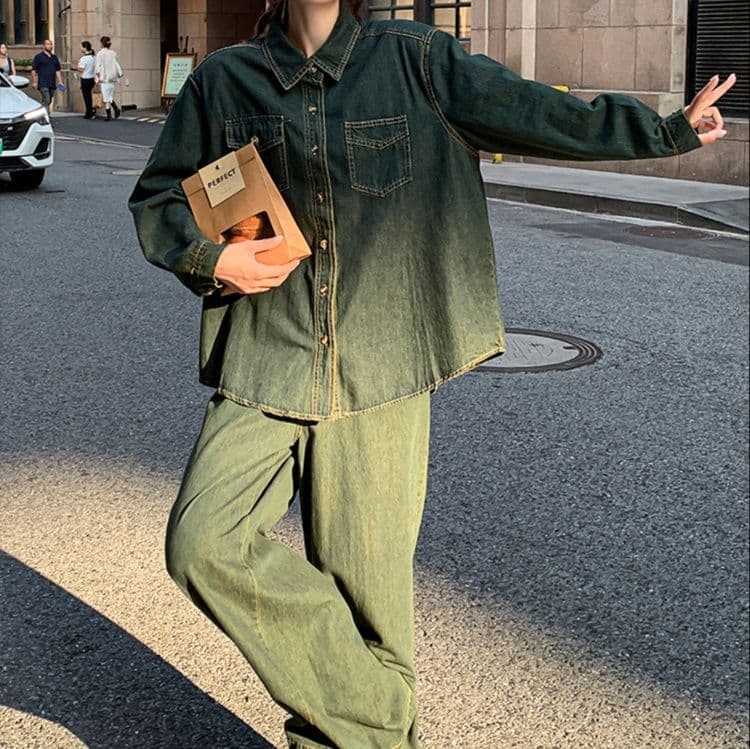 デニムセットアップ ゆったりシャツジャケット×ワイドパンツ 大人可愛いレトロ風2点セット