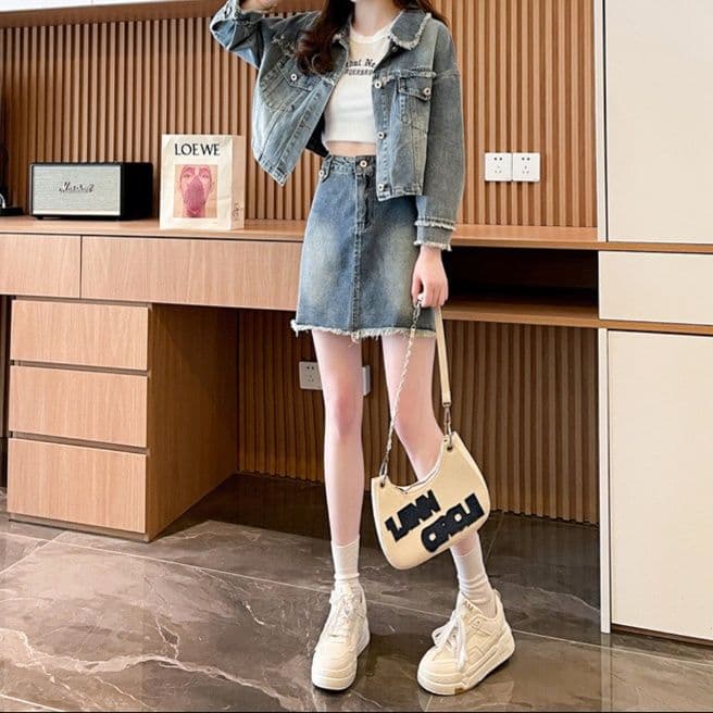 フリンジ襟デニムショートジャケット×ハイウエストミニスカート ヴィンテージ風 垢抜け万能セットアップ