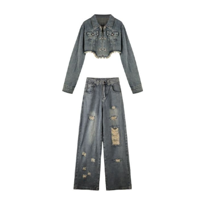 デニムセットアップ ダメージ加工クロップドジャケット×ワイドロングパンツ 香港ストリート風 甘辛華奢見え2点セット