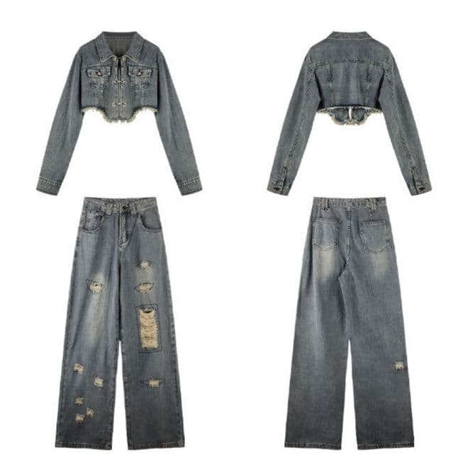 デニムセットアップ ダメージ加工クロップドジャケット×ワイドロングパンツ 香港ストリート風 甘辛華奢見え2点セット