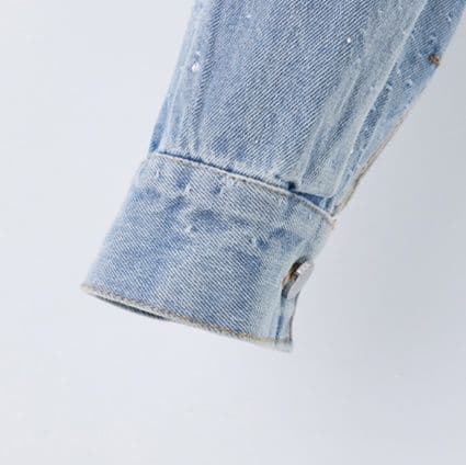 デニムセットアップ ラインストーンデザインショートジャケット＆ストレートワイドパンツ 上品華やか2点セット
