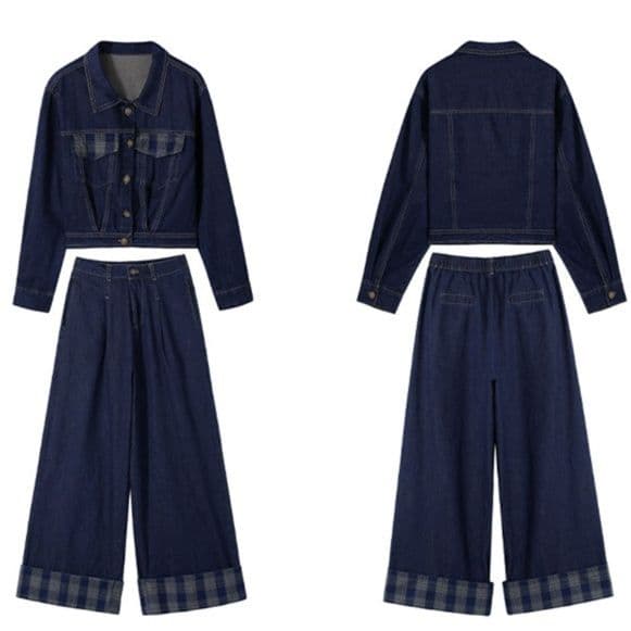 チェック切替コンパクトデニムジャケット＆ワイドパンツ 細見えゆったり 上品抜け感セットアップ