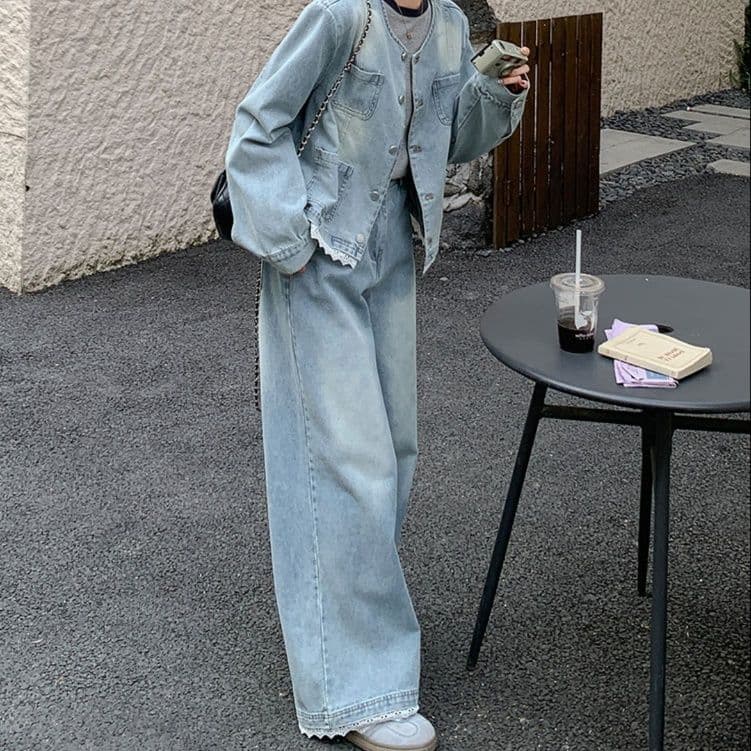 デニムセットアップ レース装飾ノーカラージャケット・ワイドパンツ 小柄さん向け ゆる可愛い レトロフェミニンツーピースセット