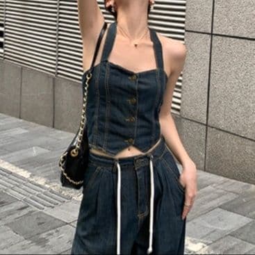カーディガン・ボタンデザインデニムビスチェ・ワイドストレートパンツ 大人フェミニンセットアップ（3点別売り）