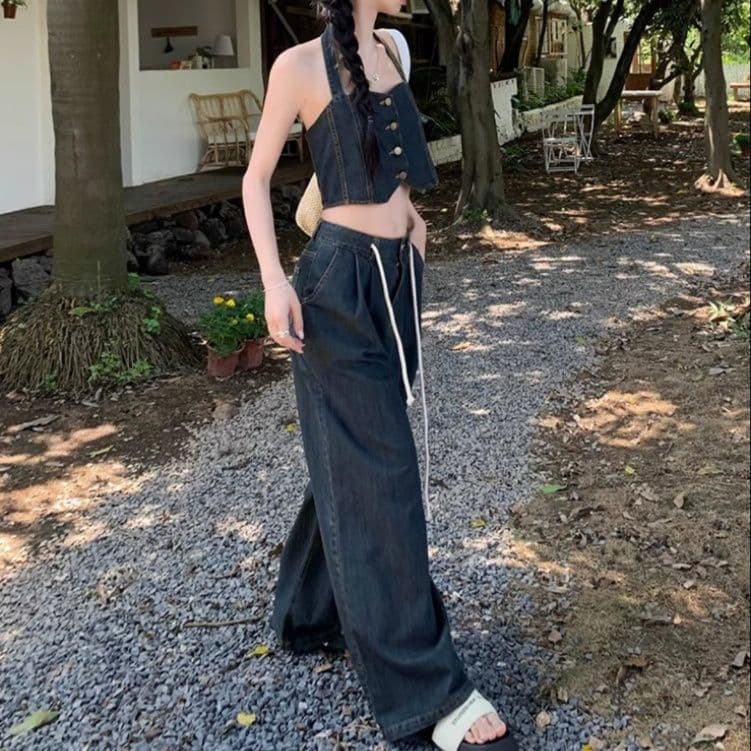 ホルターネックデニムビスチェ×ワイドデニムパンツ 夏向け 韓国風レトロカジュアルセットアップ