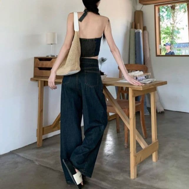 ホルターネックデニムビスチェ×ワイドデニムパンツ 夏向け 韓国風レトロカジュアルセットアップ