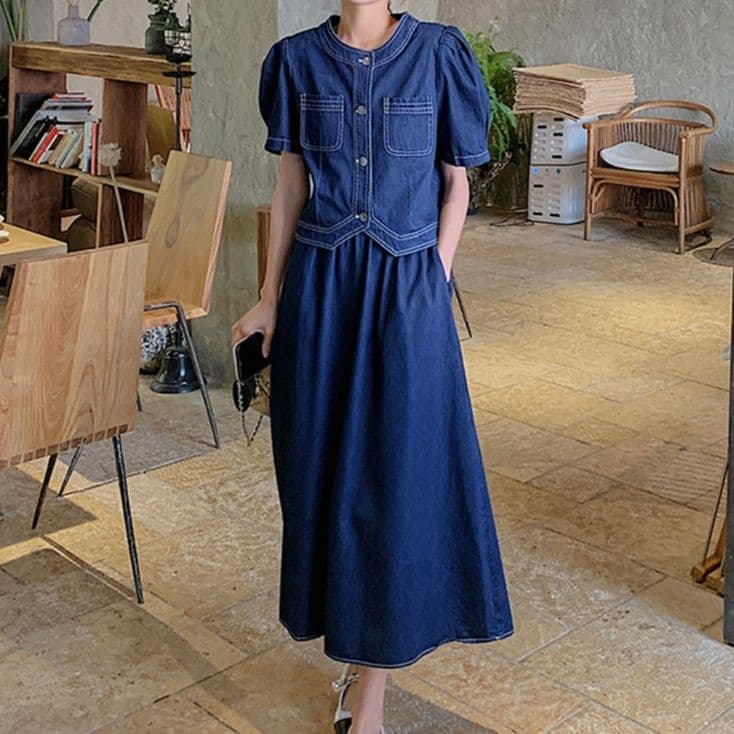 デニムセットアップ パフスリーブ半袖ジャケット＆フレアロングスカート 大人可愛いフェミカジツーピースセット