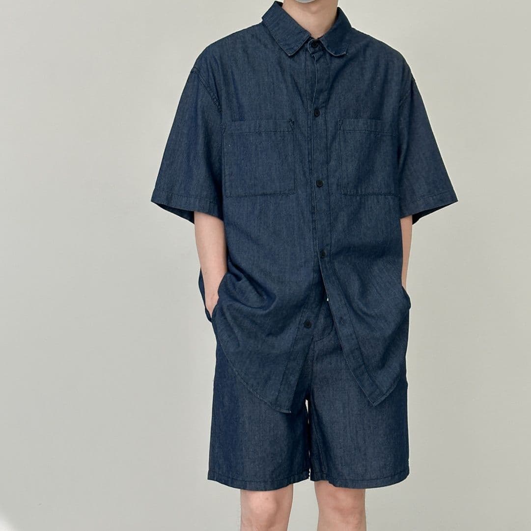 リラックス半袖シャツ×ハーフパンツ メンズ向け 万能クール系 ワークテイスト薄手デニムセットアップ