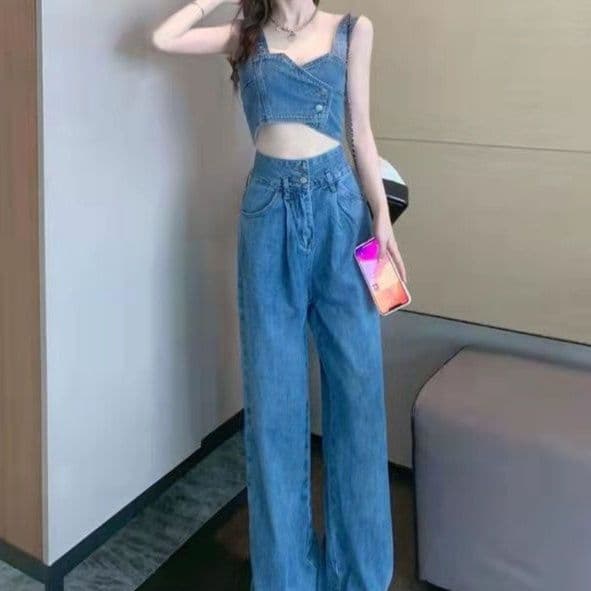 デニムセットアップ ハートネックビスチェとワイドデニムパンツのフェミカジ二点セット