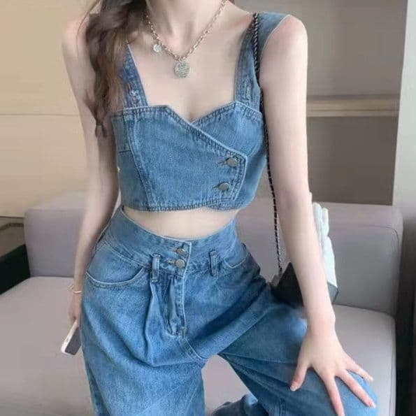 デニムセットアップ ハートネックビスチェとワイドデニムパンツのフェミカジ二点セット