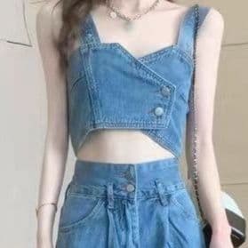 デニムセットアップ ハートネックビスチェとワイドデニムパンツのフェミカジ二点セット