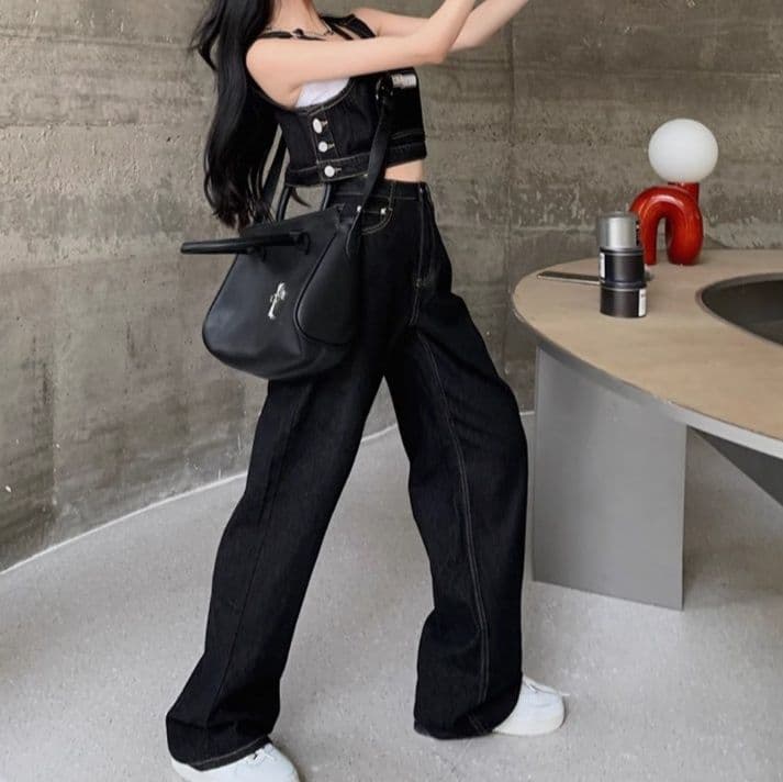 肩紐付きブラックデニムビスチェ＆ワイドシルエットパンツ 大人可愛い ストリートカジュアルセットアップ（上下別売り）