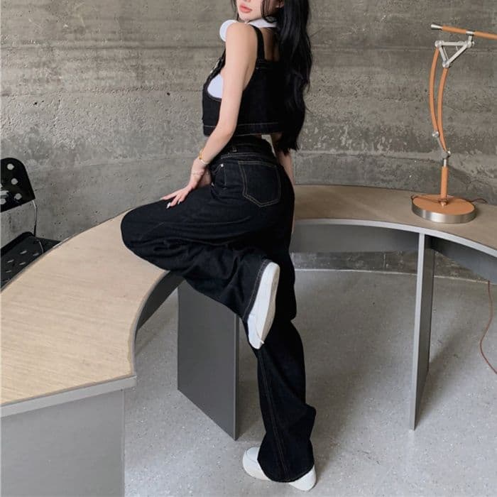 肩紐付きブラックデニムビスチェ＆ワイドシルエットパンツ 大人可愛い ストリートカジュアルセットアップ（上下別売り）