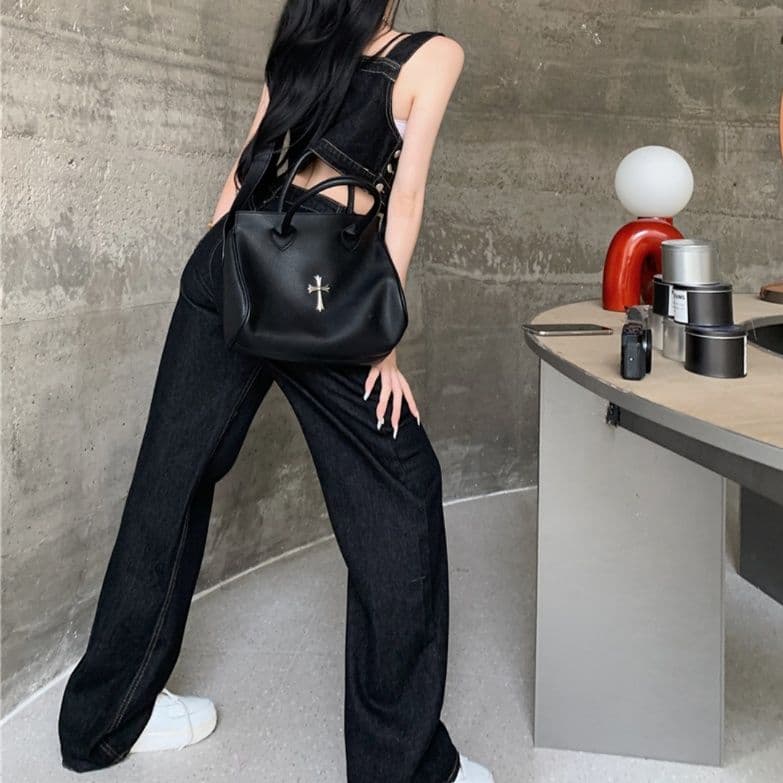 肩紐付きブラックデニムビスチェ＆ワイドシルエットパンツ 大人可愛い ストリートカジュアルセットアップ（上下別売り）