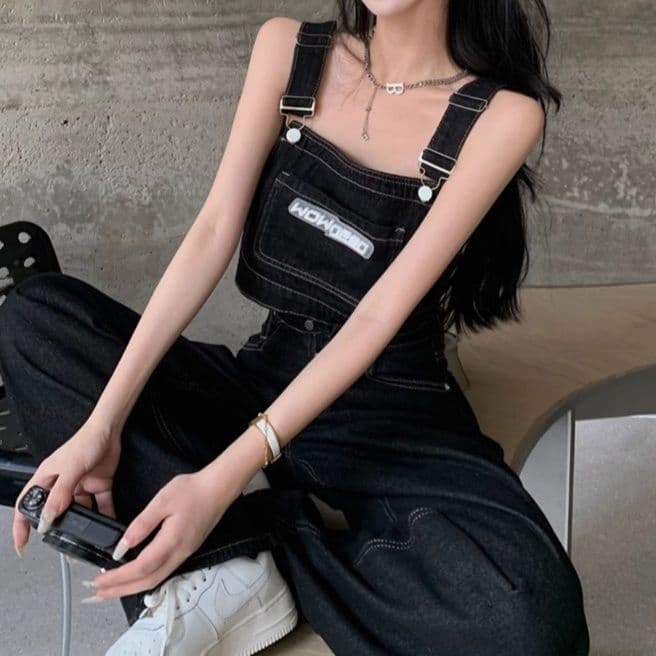 肩紐付きブラックデニムビスチェ＆ワイドシルエットパンツ 大人可愛い ストリートカジュアルセットアップ（上下別売り）
