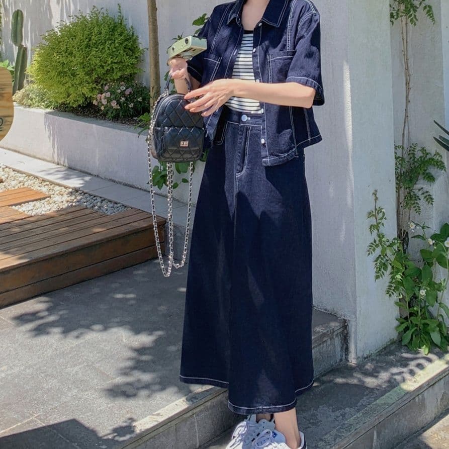 ダークデニムセットアップ 薄手半袖シャツジャケット・バックスリットロングスカート 夏向け 大人可愛い韓国風ツーピース