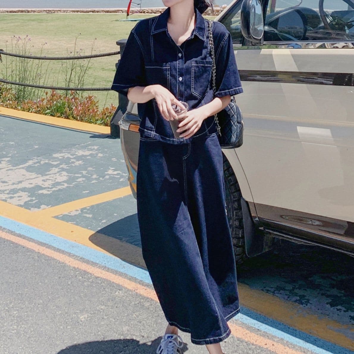 ダークデニムセットアップ 薄手半袖シャツジャケット・バックスリットロングスカート 夏向け 大人可愛い韓国風ツーピース