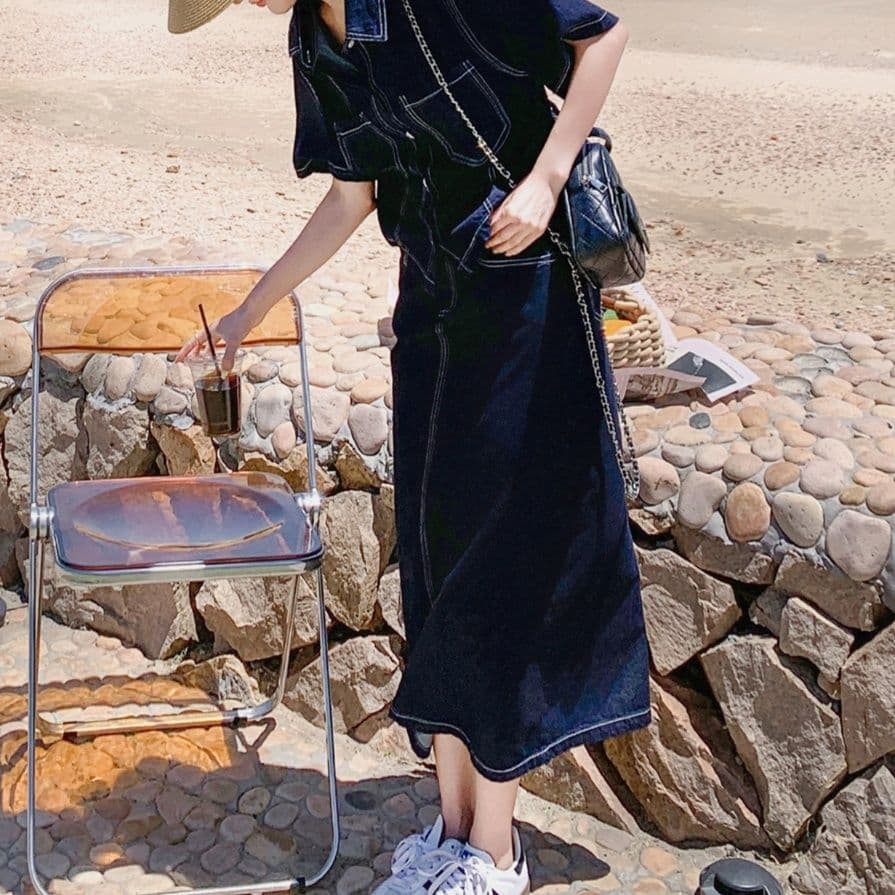 ダークデニムセットアップ 薄手半袖シャツジャケット・バックスリットロングスカート 夏向け 大人可愛い韓国風ツーピース