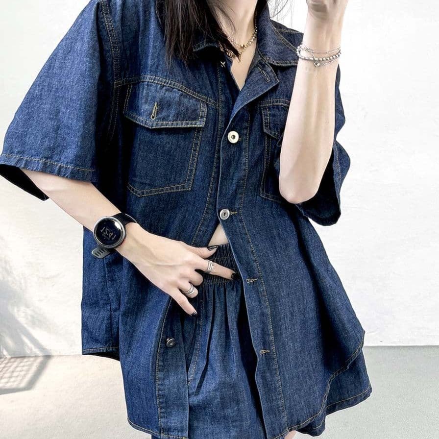 デニムセットアップ ゆったり半袖シャツ＋スカート風ショートパンツ 春夏向け細見えリラックスセット