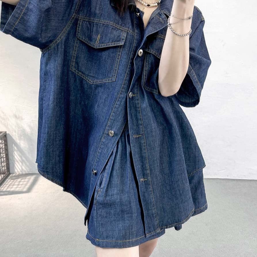 デニムセットアップ ゆったり半袖シャツ＋スカート風ショートパンツ 春夏向け細見えリラックスセット