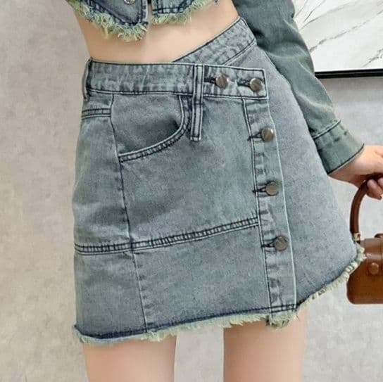 カットオフデニムクロップドジャケット×ラップデザインミニスカート ヴィンテージ風 クールガーリーセットアップ