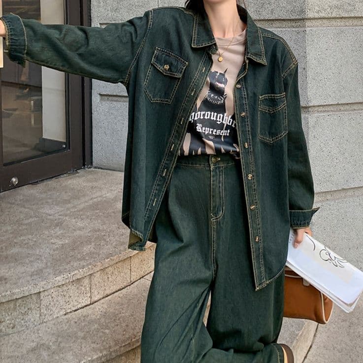 デニムセットアップ オーバーサイズシャツジャケット&ワイドパンツ 上品抜け感 レトロフェミカジ2点セット