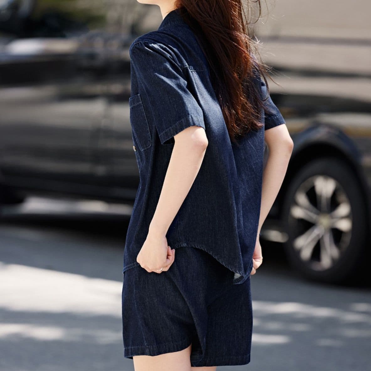 ダークデニムセットアップ シンプル半袖シャツ×ショートパンツ 爽やかきれいめ2点セット
